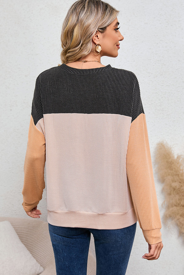 Black Color Block Corduroy Long Sleeve Top