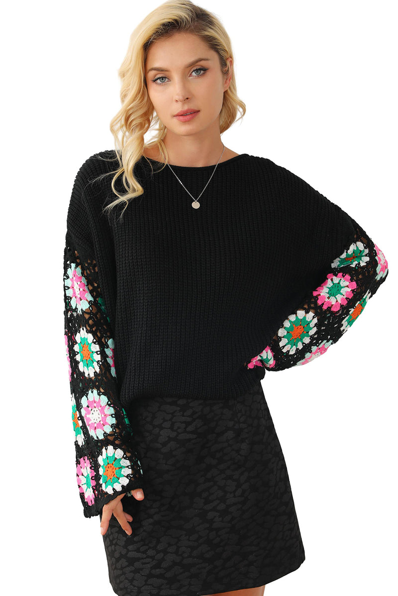 Black Floral Crochet Bell Sleeve Loose Knit Sweater