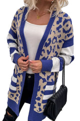 Dark Blue Stripe Sleeve Leopard Print Cardigan