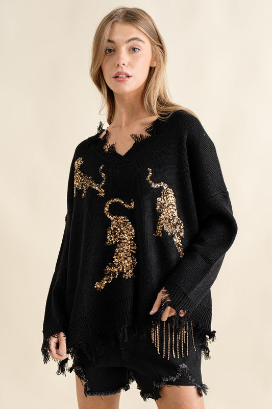 Frayed Edge Sequin Tiger Sweater