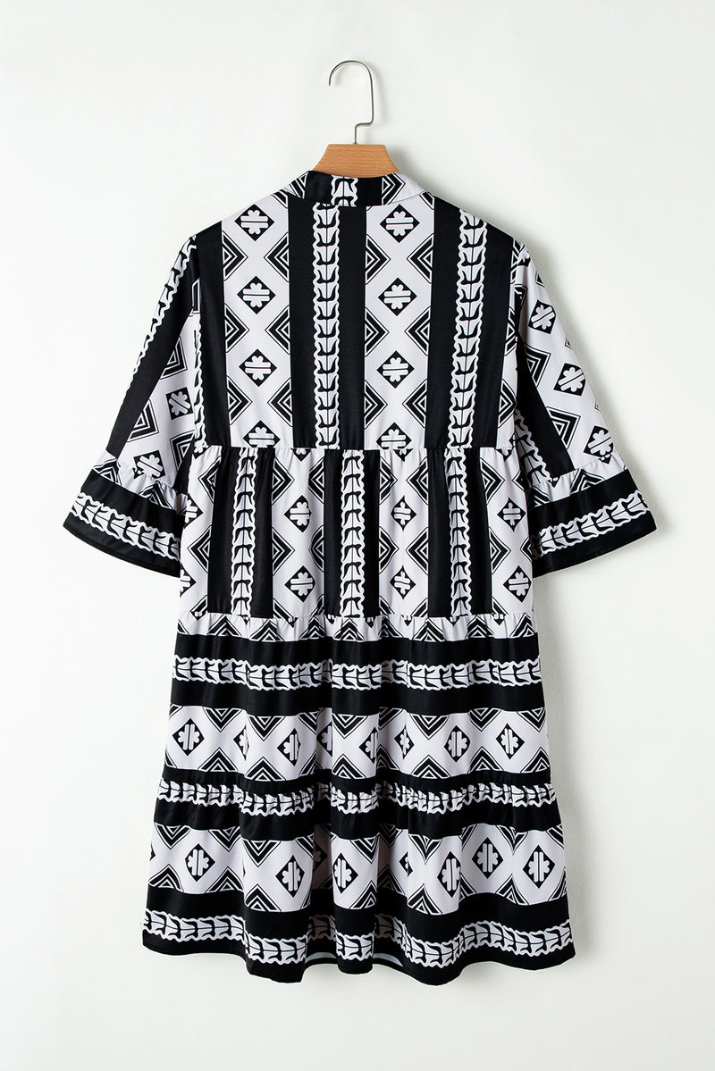 Black Abstract Print Bell Sleeve V Neck Boho Dress