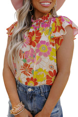 Multicolor Stand Collar Flutter Sleeves Floral Top