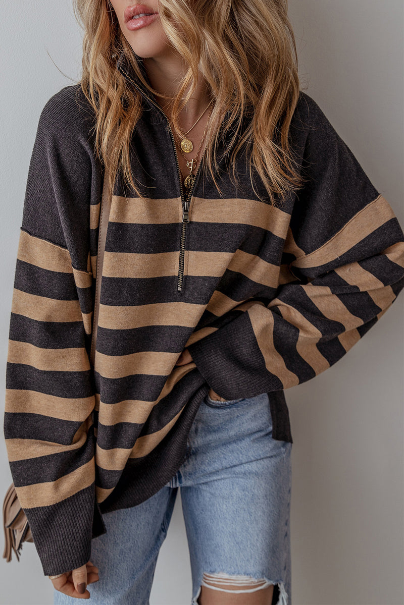 Green Striped Collared Quarter Zip Oversized Sweater