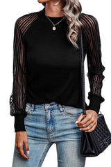 Apricot Ribbed Solid Color Striped Mesh Long Sleeve Top