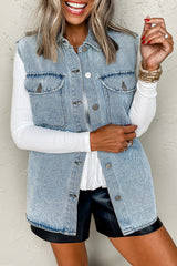 Beau Blue Flap Pocket Curved Hem Sleeveless Denim Jacket