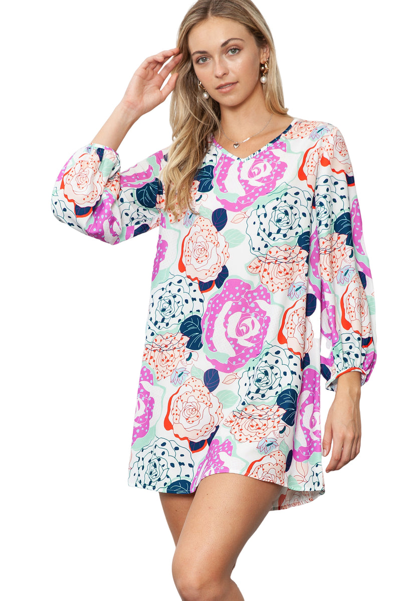 Multicolor Floral Print V Neck Bohemian Tunic Dress