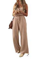 Black Knotted Straps Button Textured Drawstring Jumpsuit