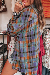 Orange Plaid Print Pocket Loose Shirt