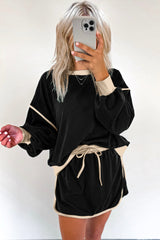 Black Contrast Trim Loose Pullover and Lace-up Waist Skirt Set