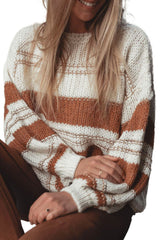 White Casual Stripe Print Knit Puff Sleeve Sweater