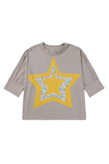 Medium Grey Floral Star Patched Exposed Seam Mineral Wash Top