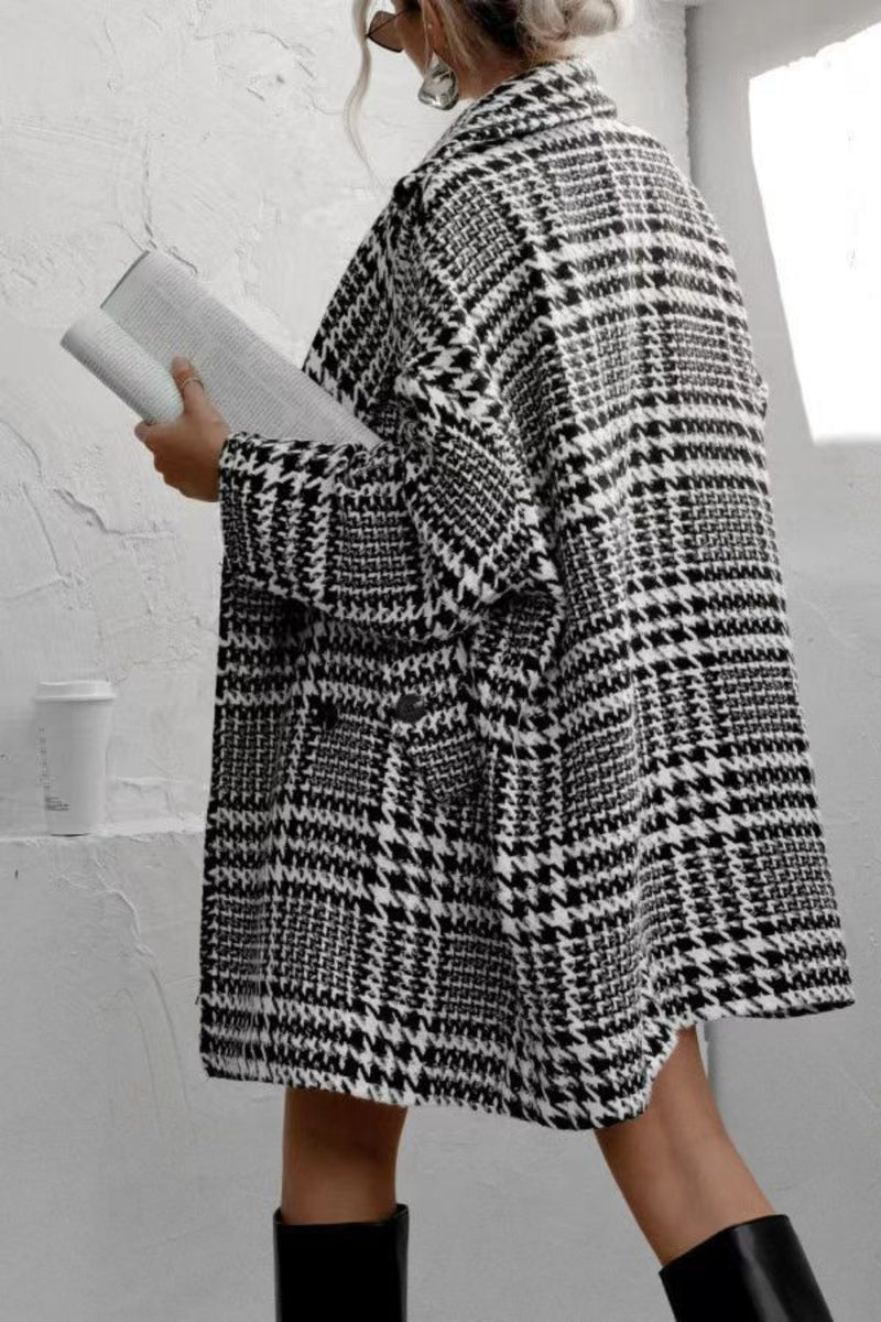 Houndstooth Collared Neck Long Sleeve Coat