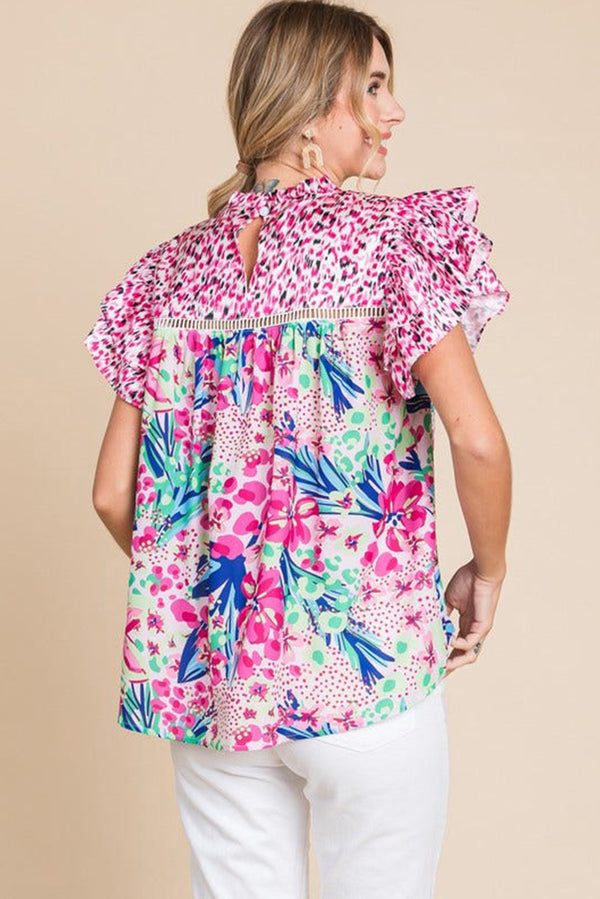 Pink Floral Mixed Print Ruffle Cap Sleeve Blouse