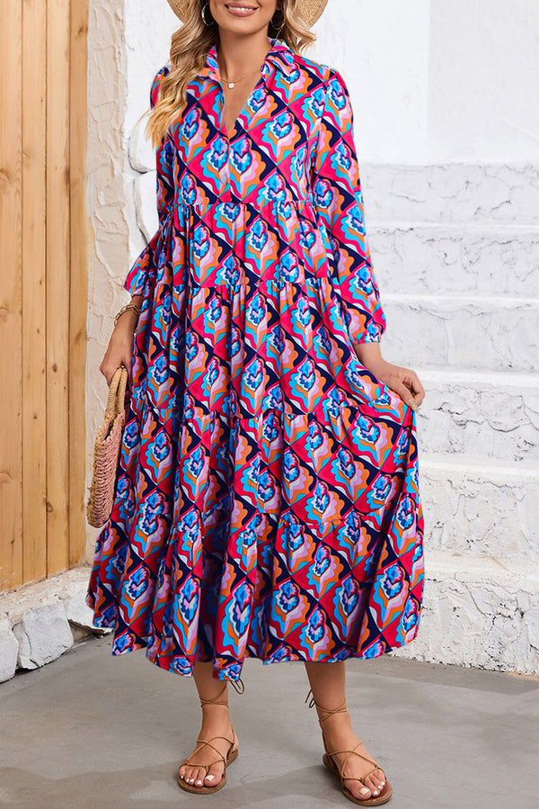 Multicolor Abstract Geometric Print Notch Neck Tiered Boho Dress