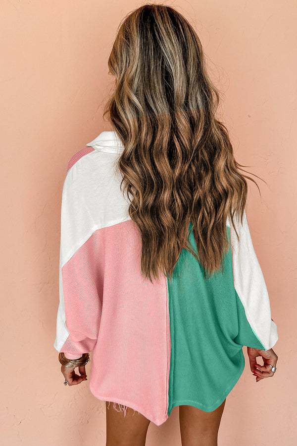 Pink Colorblock Patchwork Ribbed Oversized Henley Sweatshirt