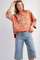 Grapefruit Orange Flower Exposed Seam Patchwork Loose Top