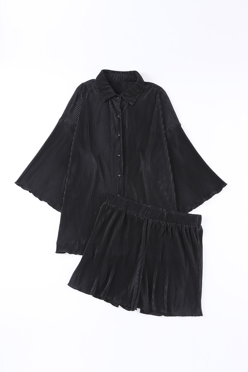 Rose Pleated Button Up Shirt and High Waisted Shorts Loungewear Set