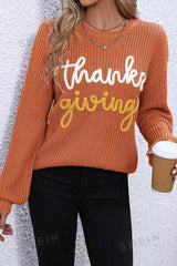 Red Sandalwood Thanksgiving Letter Graphic Crew Neck Sweater