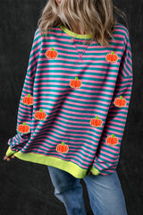 Sky Blue Stripe Glitter Halloween Pumpkin Print Oversized Sweatshirt