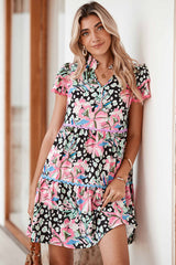 Pink Floral Print Wavy Embellished V Neck Mini Dress