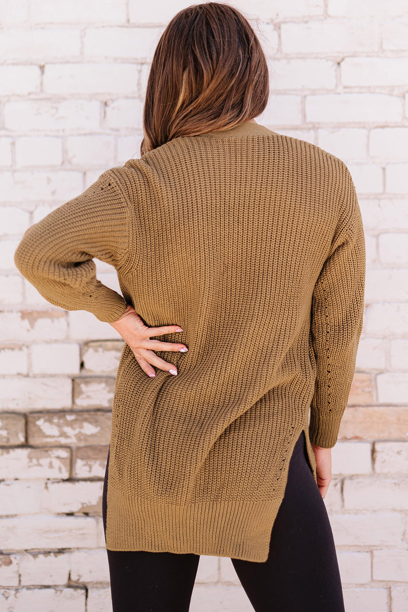 Khaki Fall Long Sleeve Long Cardigan Sweater