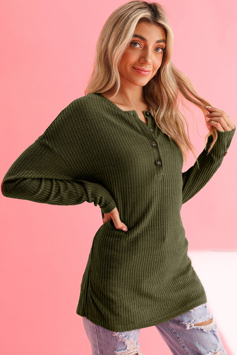 Rose Drop Shoulder Ribbed Knit Long Sleeve Henley Top