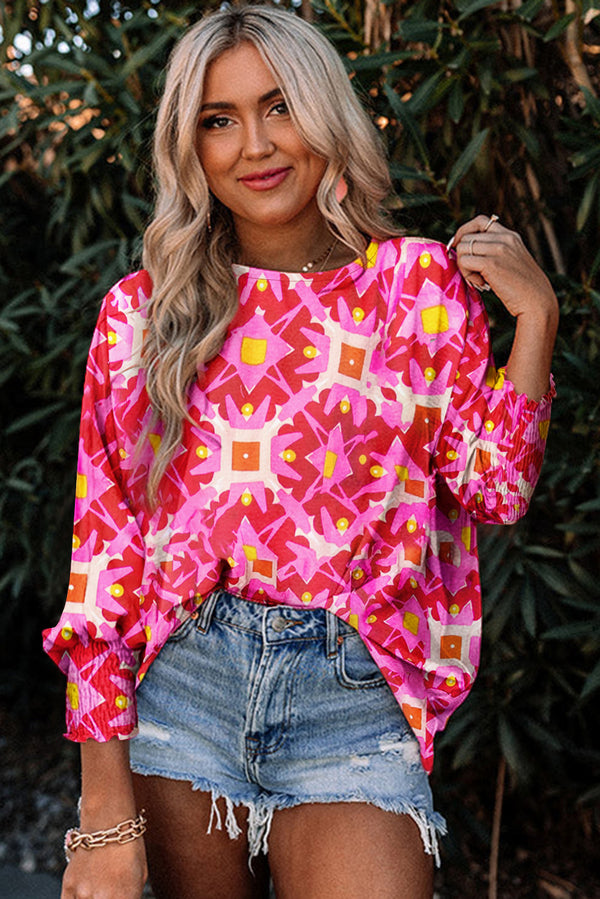 Strawberry Pink Abstract Print Shirred Cuff Loose Blouse