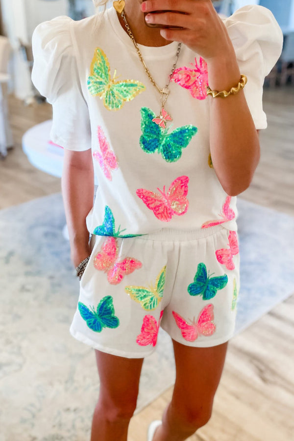 Wholesale White Colorful Sequin Butterfly Pattern Puff Sleeve Top & Shorts Set