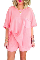 Pink Plus Size Waffle Knit Exposed Seam Tee and Shorts Set