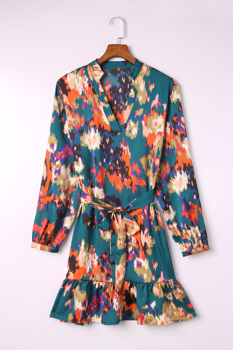 Abstract Print Waist Belted Flounce Hem Split V Neck Long Sleeve Dress