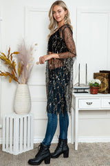 Black Sequin Sheer Casual Open Front Cover Up