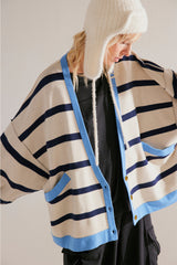 White Stripe Colorblock Drop Shoulder Buttoned Loose Cardigan