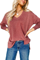 Racing Red Side Slit V Neck Loose Fit Tunic T Shirt