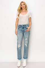 HIGH RISE DISTRESSED STRAIGHT WITH FRAY HEM JEANS