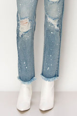 HIGH RISE DISTRESSED STRAIGHT WITH FRAY HEM JEANS