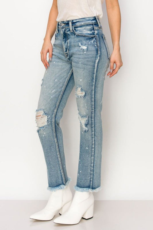 HIGH RISE DISTRESSED STRAIGHT WITH FRAY HEM JEANS