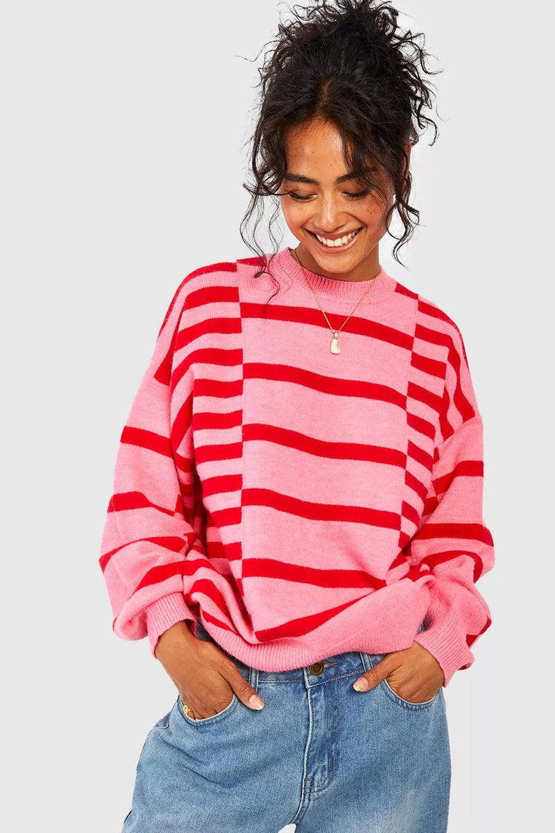 Pink Striped Crewneck Drop Sleeve Knit Sweater