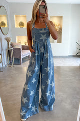 Wholesale White Star Print Button Strap Pleated Wide Leg Denim Overall