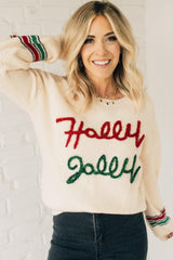 Beige Tinsel Holly Jolly Graphic Round Neck Sweater