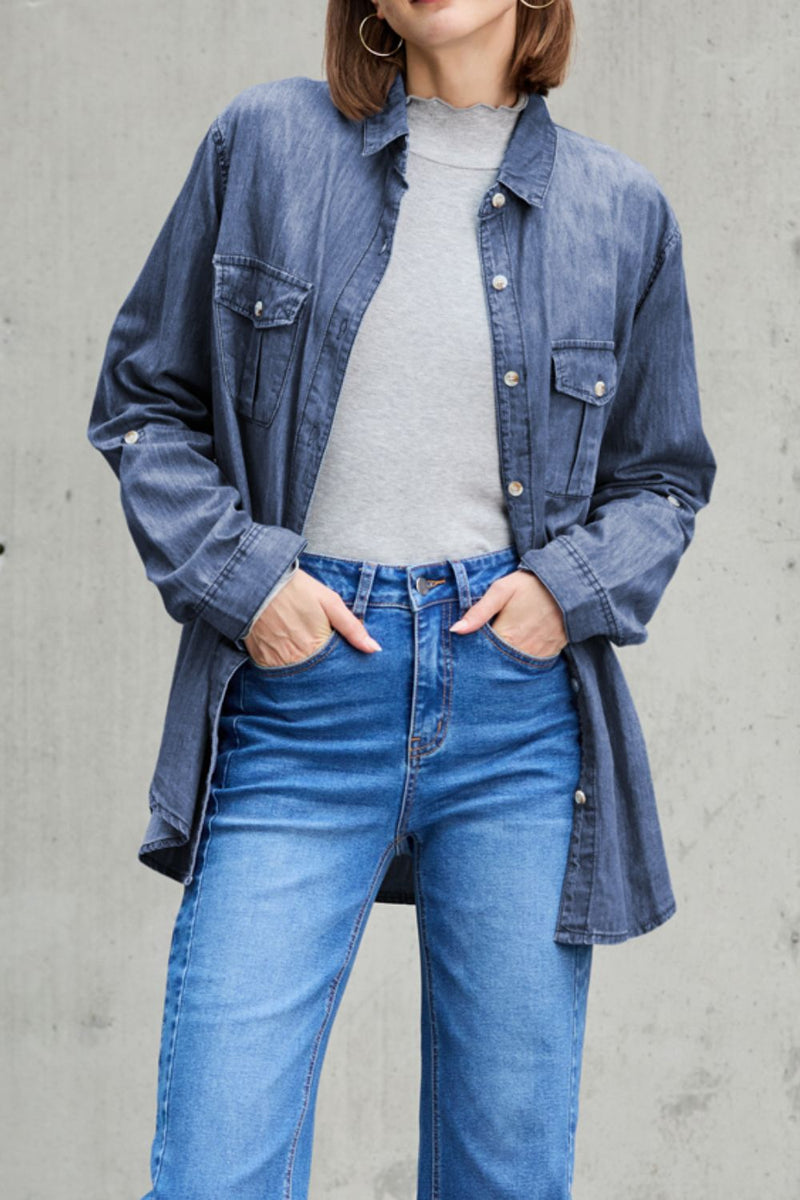 Pocketed Collared Neck Long Sleeve Denim Top