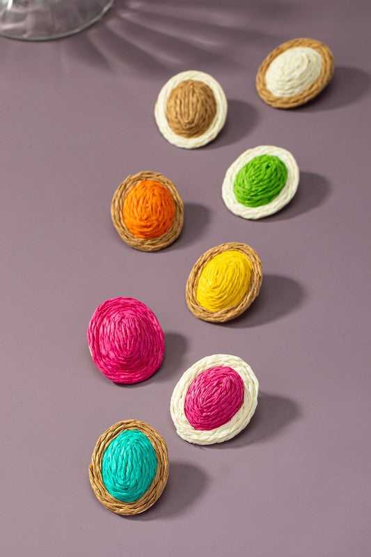 raffia straw button stud earrings