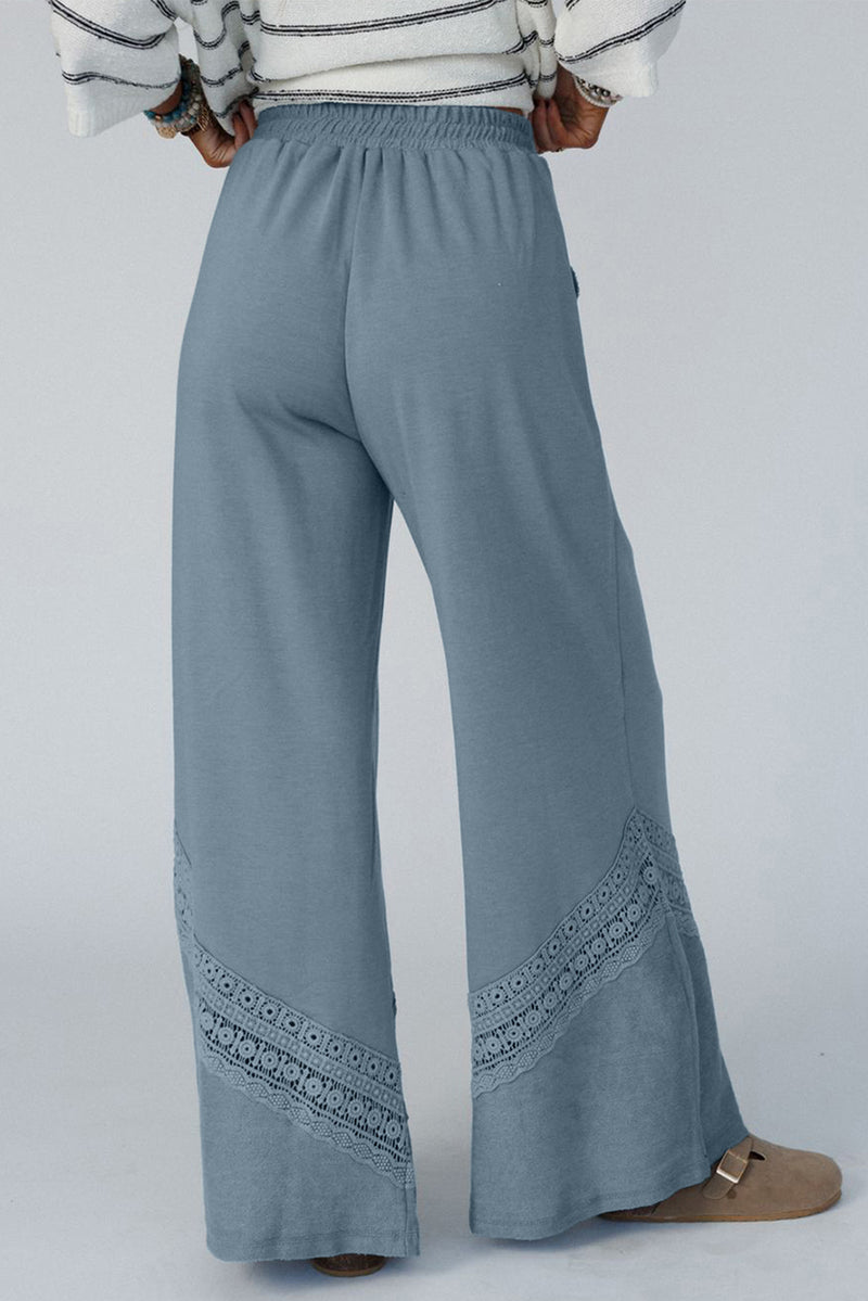 Dusk Blue Lace Crochet Patchwork Drawstring High Waist Wide Leg Pants