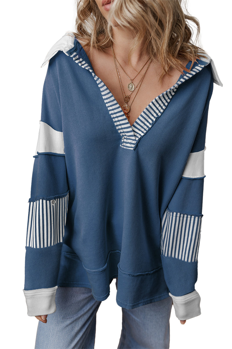 Dark Blue Striped Patchwork Collar Sweatshirt