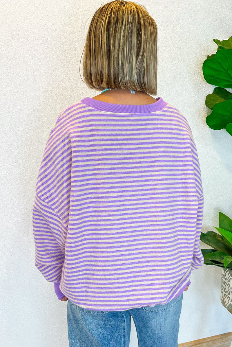 Pink Stripe Drop Shoulder Long Sleeve Top