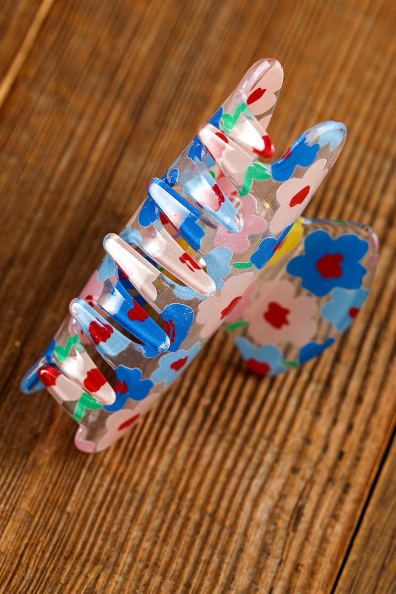 Light Blue Vibrant 60s Flower Print Transparent PVC Hair Claw Clip