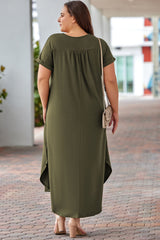 Green V Neck Rolled Cuffs Plus Size Maxi Dress