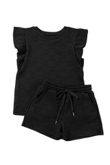 Black Textured Ruffle Sleeve Tee and Drawstring Shorts Set