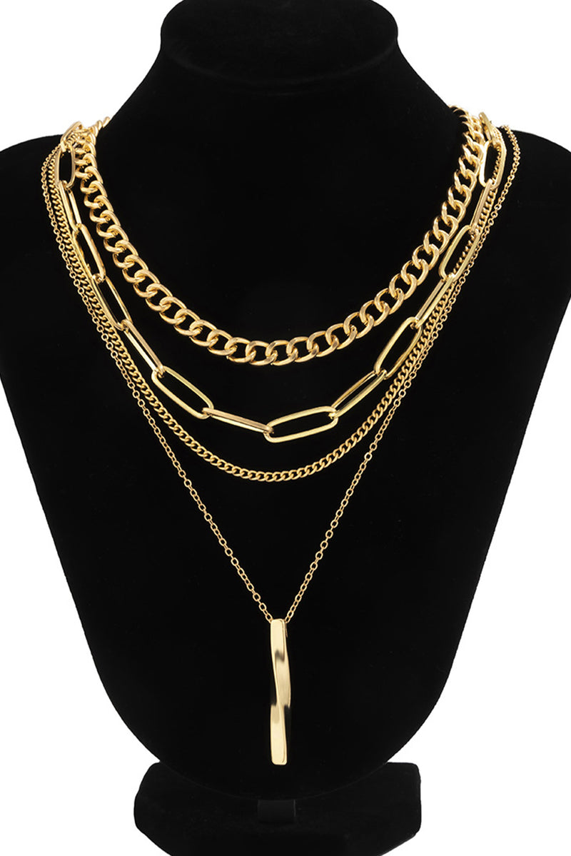 Gold Multi Layered Bar Pendant Minimalist Link Chain Necklace