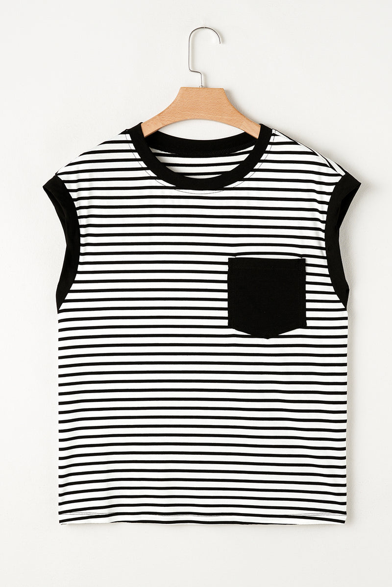 Black Stripe Chest Pocket Patch Round Neck Sleeveless Tee