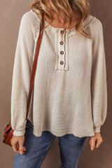 Oatmeal Waffle Knit Raglan Sleeve Loose Henley Top